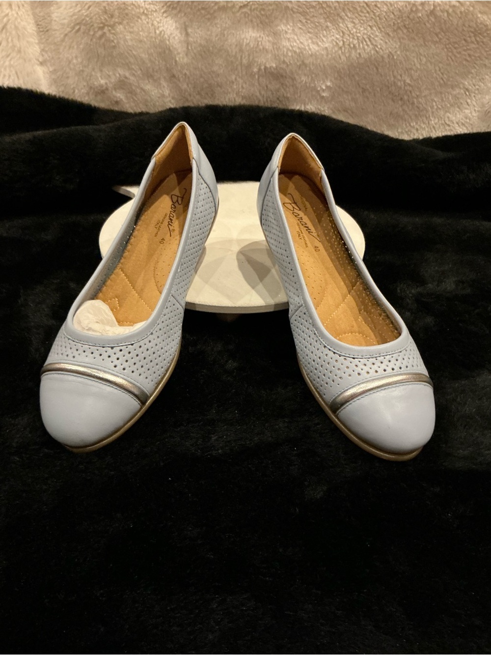 Barami Women's Light Blue Perforated Cap-Toe Flats with Metallic Trim